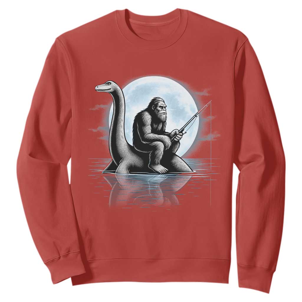 Funny Bigfoot Fishing Sweatshirt Sasquatch Riding Nessie Cryptid Moon Night TS14 Red Print Your Wear
