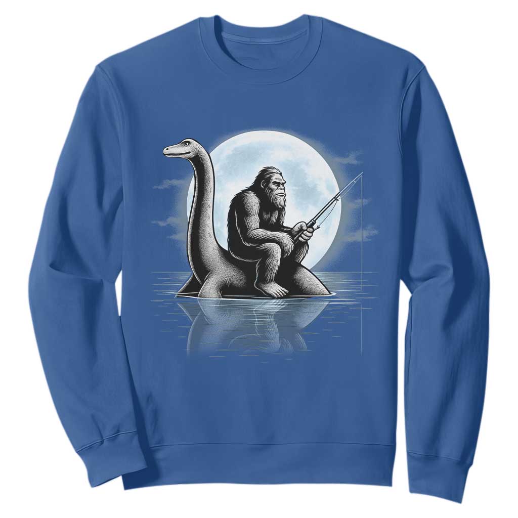 Funny Bigfoot Fishing Sweatshirt Sasquatch Riding Nessie Cryptid Moon Night TS14 Royal Blue Print Your Wear