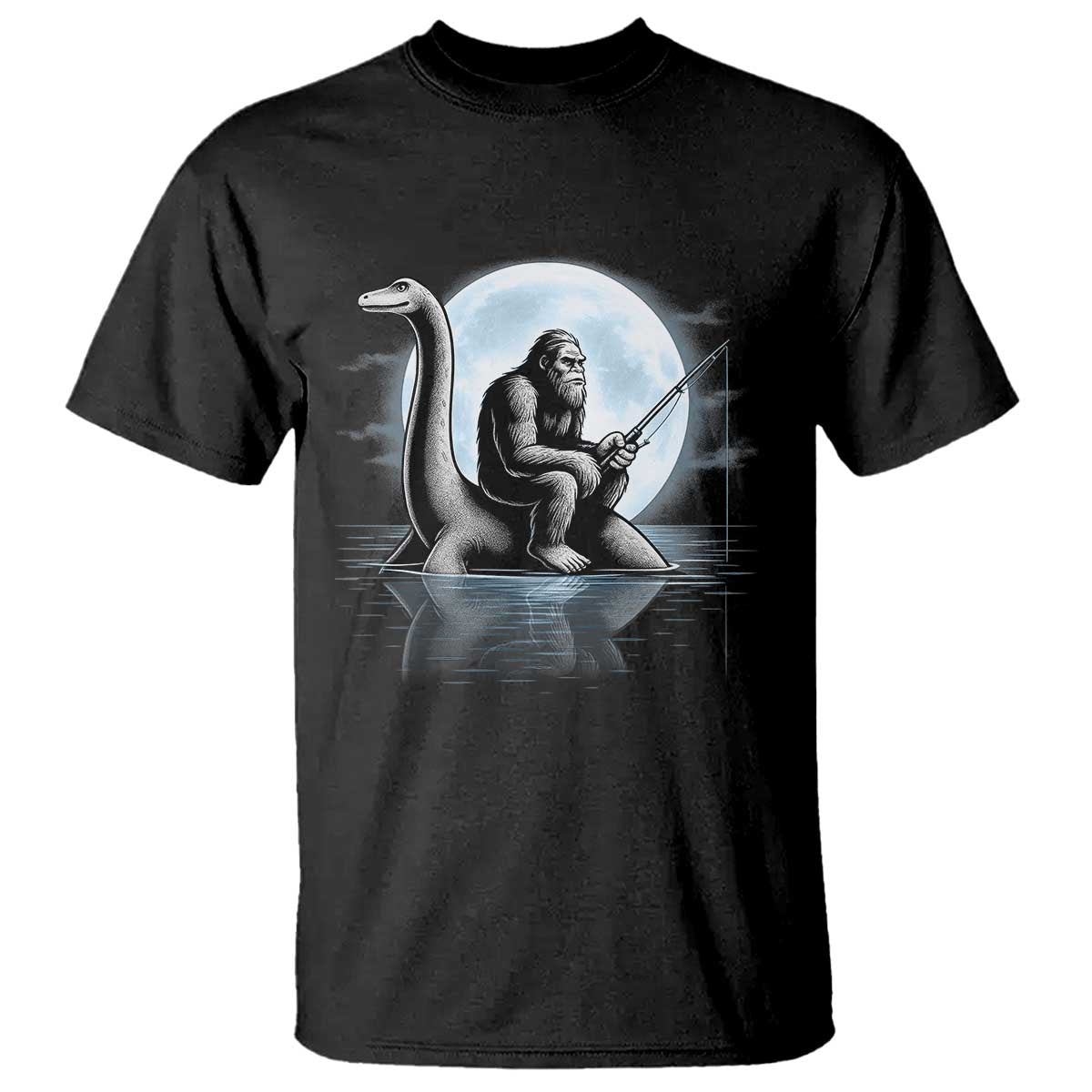 Funny Bigfoot Fishing T Shirt Sasquatch Riding Nessie Cryptid Moon Night TS14 Black Print Your Wear
