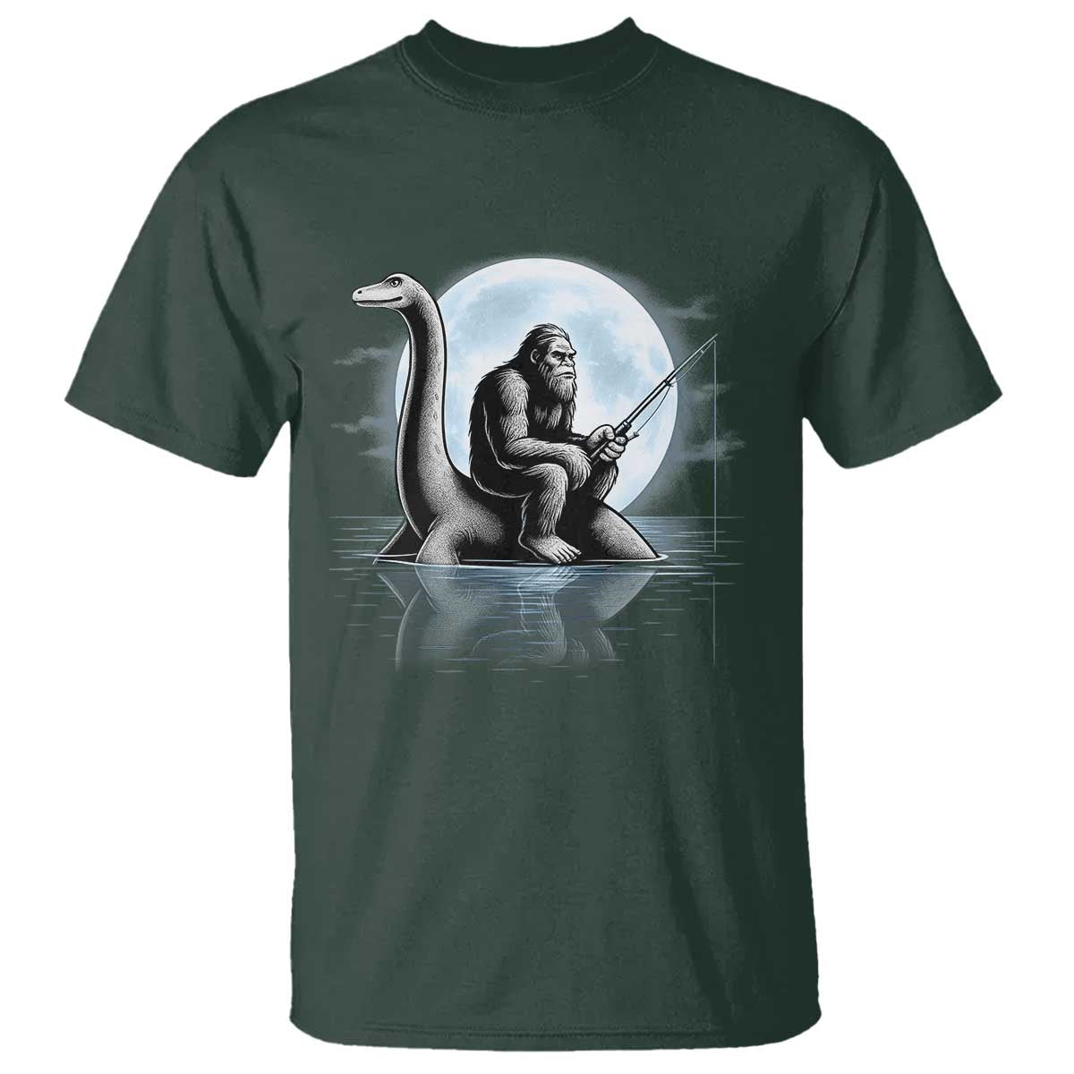 Funny Bigfoot Fishing T Shirt Sasquatch Riding Nessie Cryptid Moon Night TS14 Dark Forest Green Print Your Wear