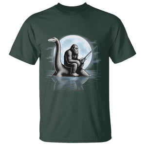 Funny Bigfoot Fishing T Shirt Sasquatch Riding Nessie Cryptid Moon Night TS14 Dark Forest Green Print Your Wear