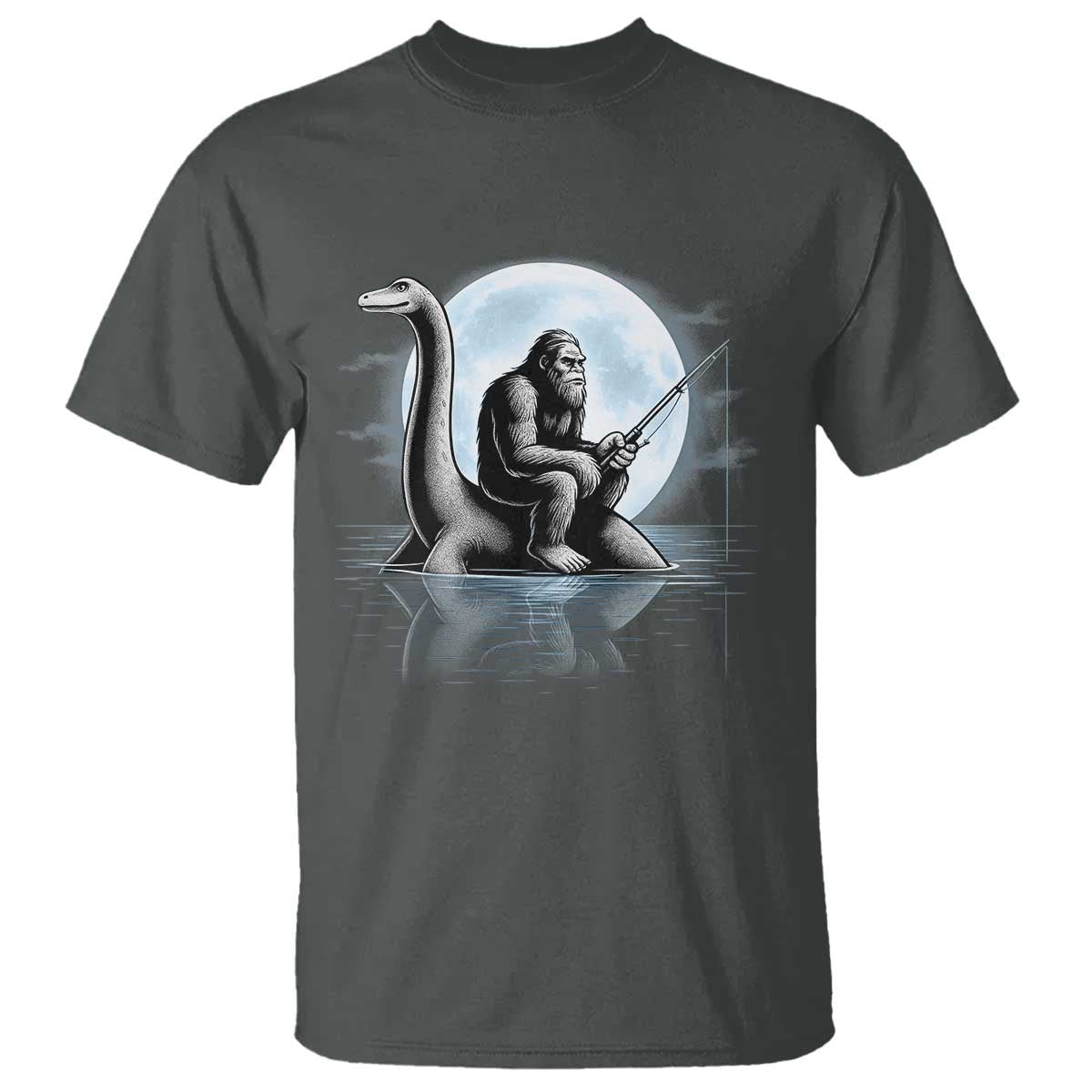 Funny Bigfoot Fishing T Shirt Sasquatch Riding Nessie Cryptid Moon Night TS14 Dark Heather Print Your Wear