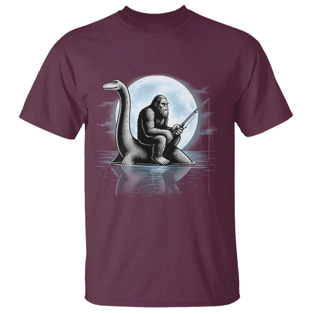 Funny Bigfoot Fishing T Shirt Sasquatch Riding Nessie Cryptid Moon Night TS14 Maroon Print Your Wear