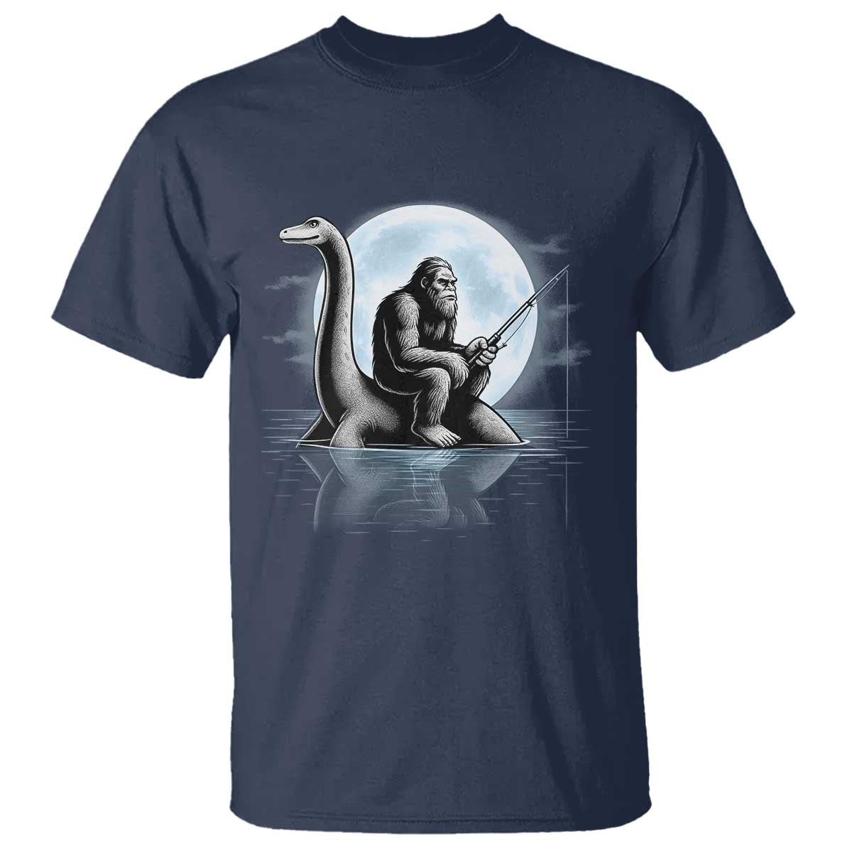 Funny Bigfoot Fishing T Shirt Sasquatch Riding Nessie Cryptid Moon Night TS14 Navy Print Your Wear