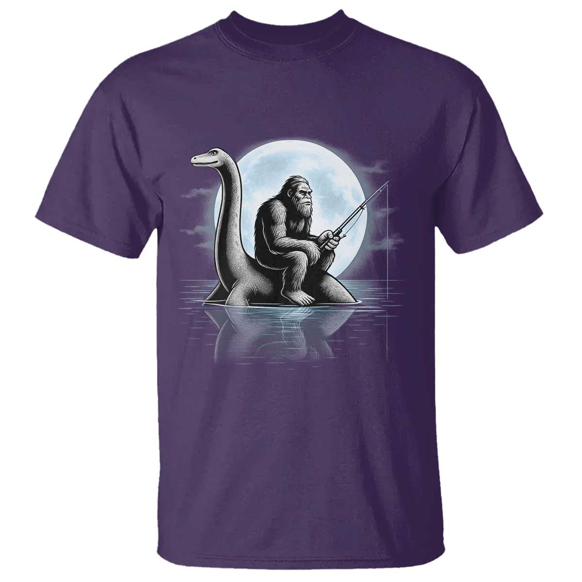 Funny Bigfoot Fishing T Shirt Sasquatch Riding Nessie Cryptid Moon Night TS14 Purple Print Your Wear