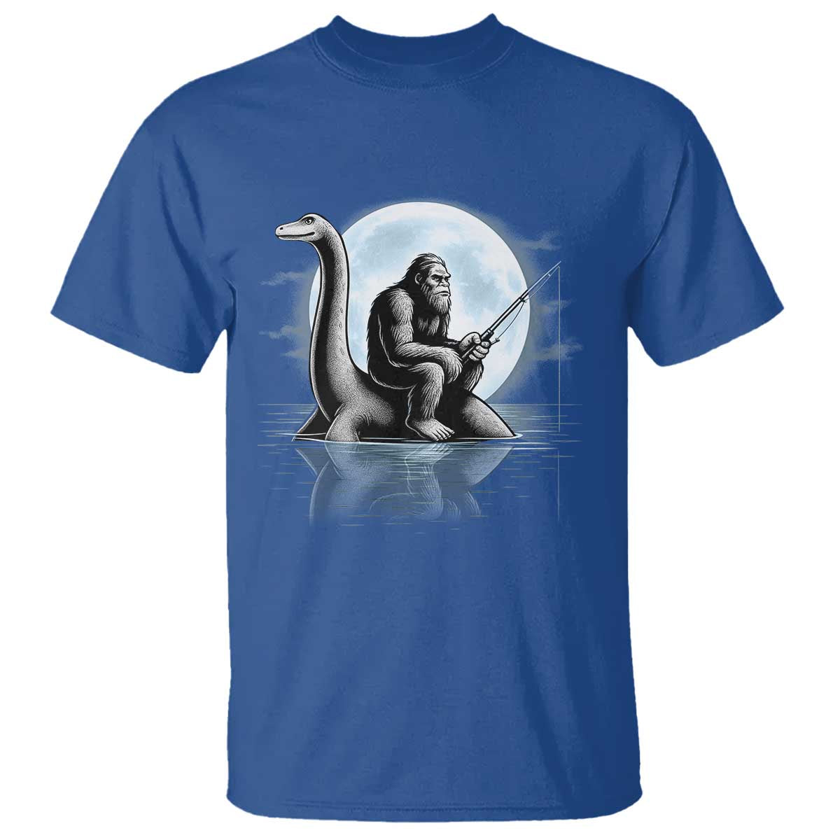 Funny Bigfoot Fishing T Shirt Sasquatch Riding Nessie Cryptid Moon Night TS14 Royal Blue Print Your Wear