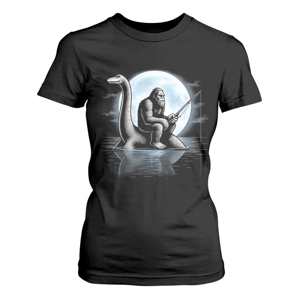 Funny Bigfoot Fishing T Shirt For Women Sasquatch Riding Nessie Cryptid Moon Night TS14 Black Print Your Wear