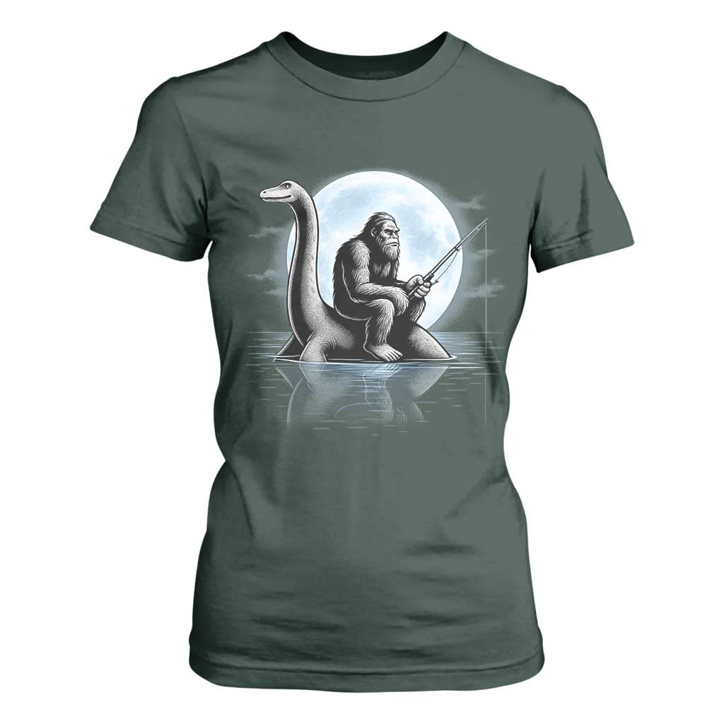 Funny Bigfoot Fishing T Shirt For Women Sasquatch Riding Nessie Cryptid Moon Night - Print Your Wear