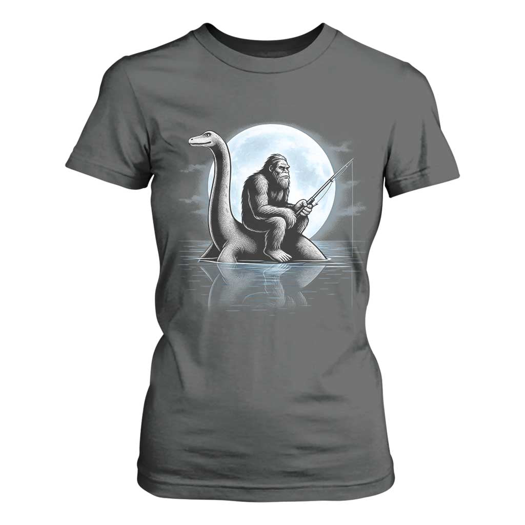 Funny Bigfoot Fishing T Shirt For Women Sasquatch Riding Nessie Cryptid Moon Night - Print Your Wear