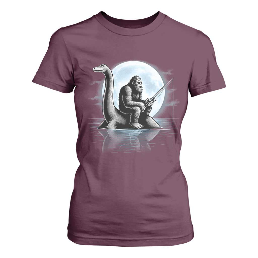Funny Bigfoot Fishing T Shirt For Women Sasquatch Riding Nessie Cryptid Moon Night TS14 Maroon Print Your Wear