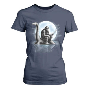 Funny Bigfoot Fishing T Shirt For Women Sasquatch Riding Nessie Cryptid Moon Night TS14 Navy Print Your Wear