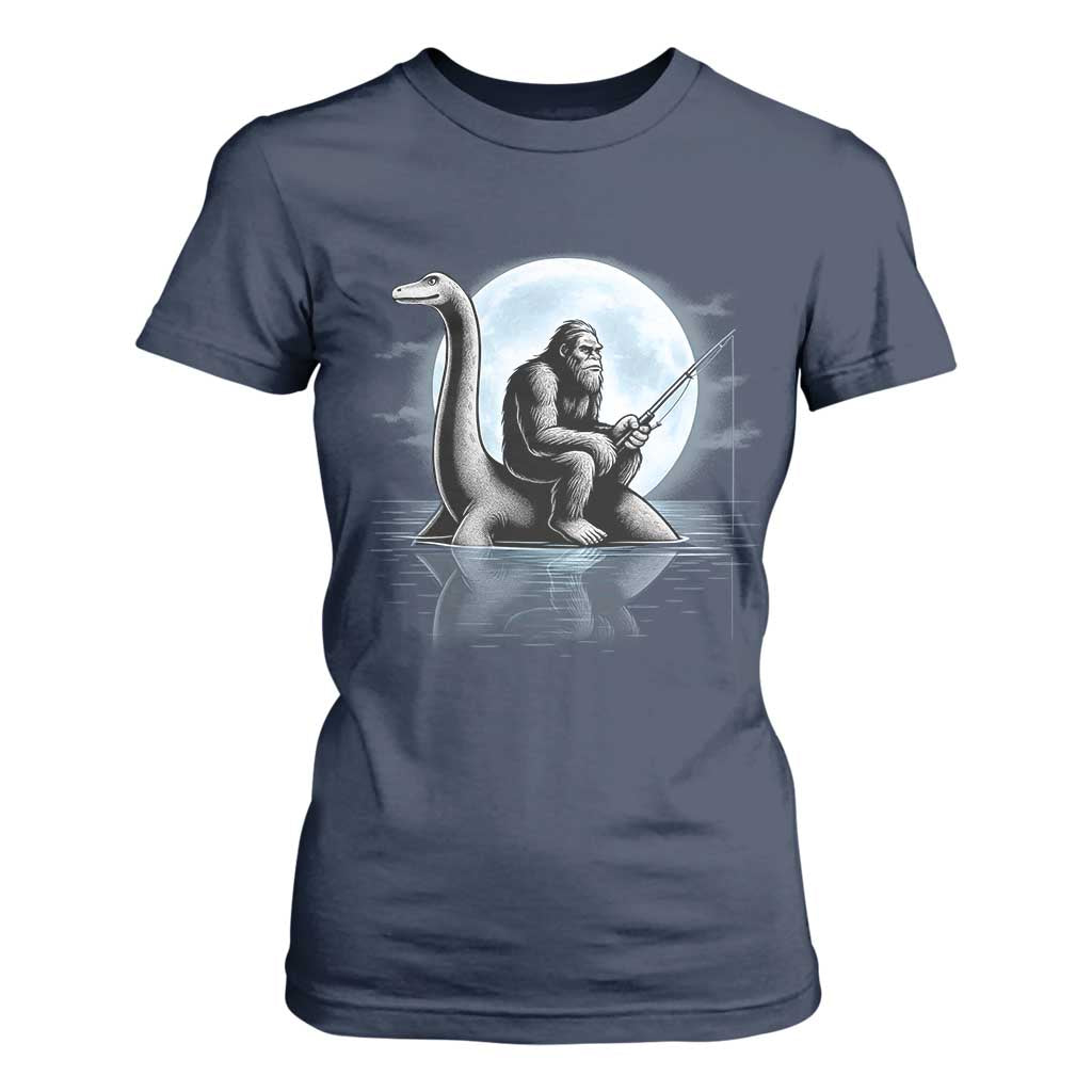 Funny Bigfoot Fishing T Shirt For Women Sasquatch Riding Nessie Cryptid Moon Night - Print Your Wear