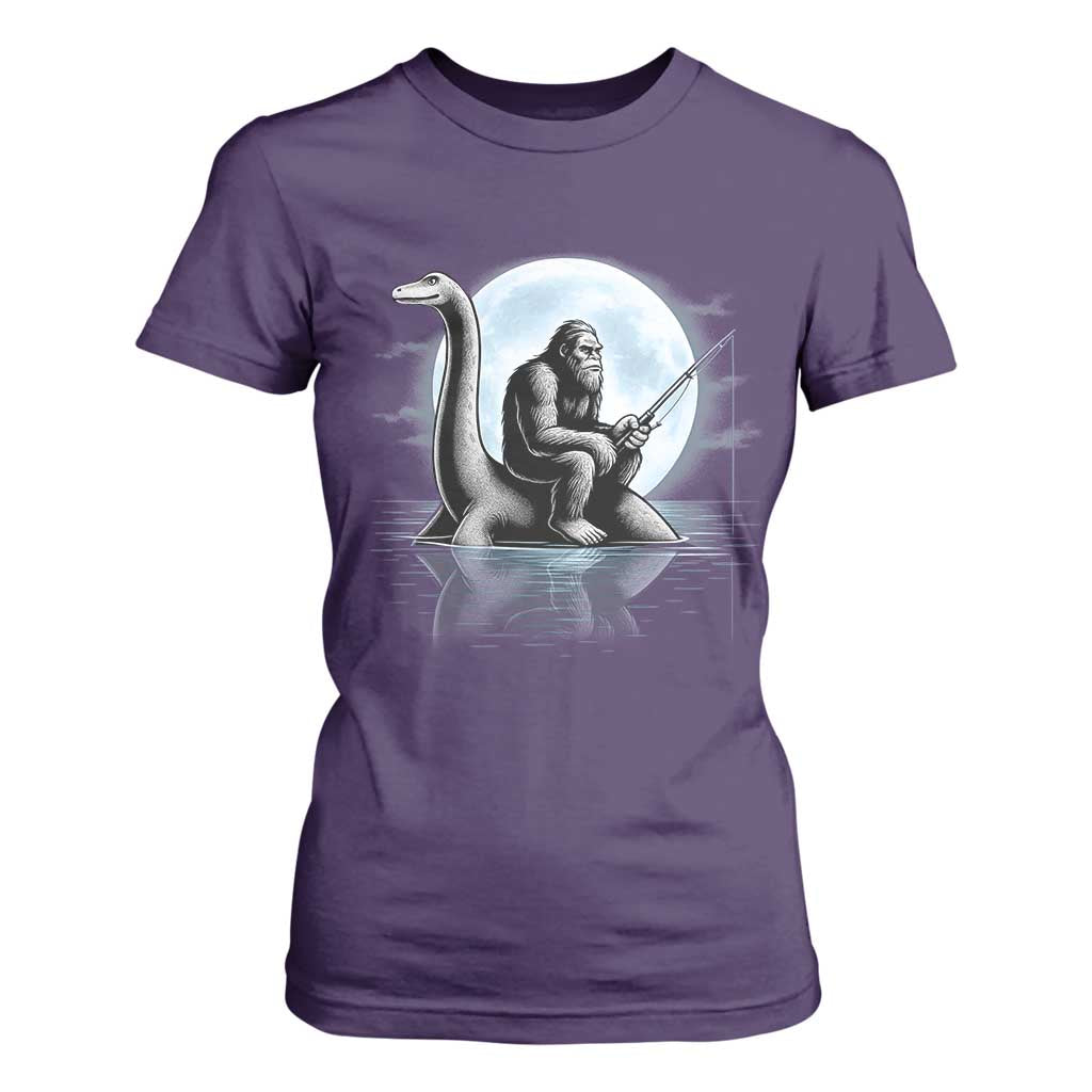 Funny Bigfoot Fishing T Shirt For Women Sasquatch Riding Nessie Cryptid Moon Night - Print Your Wear