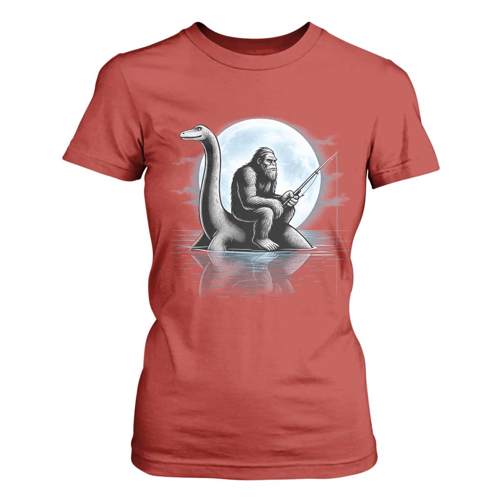 Funny Bigfoot Fishing T Shirt For Women Sasquatch Riding Nessie Cryptid Moon Night - Print Your Wear