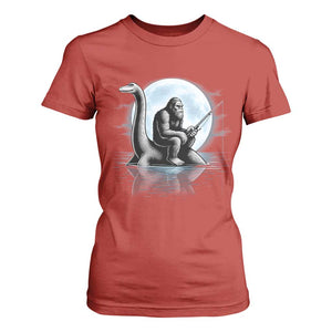 Funny Bigfoot Fishing T Shirt For Women Sasquatch Riding Nessie Cryptid Moon Night - Print Your Wear