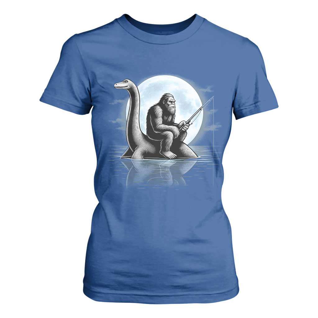 Funny Bigfoot Fishing T Shirt For Women Sasquatch Riding Nessie Cryptid Moon Night - Print Your Wear