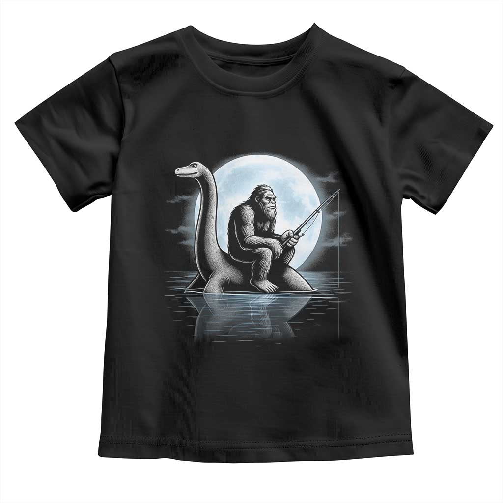 Funny Bigfoot Fishing Toddler T Shirt Sasquatch Riding Nessie Cryptid Moon Night TS14 Black Print Your Wear