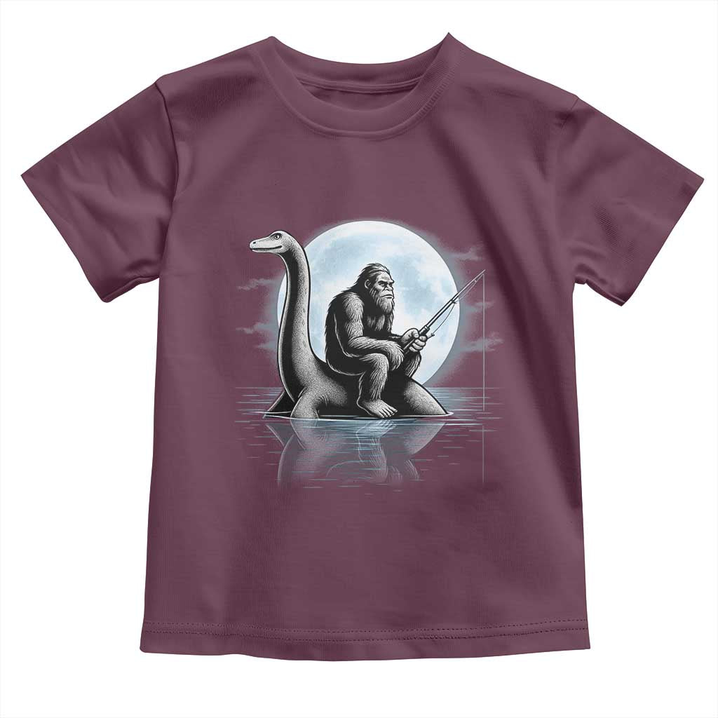 Funny Bigfoot Fishing Toddler T Shirt Sasquatch Riding Nessie Cryptid Moon Night TS14 Maroon Print Your Wear