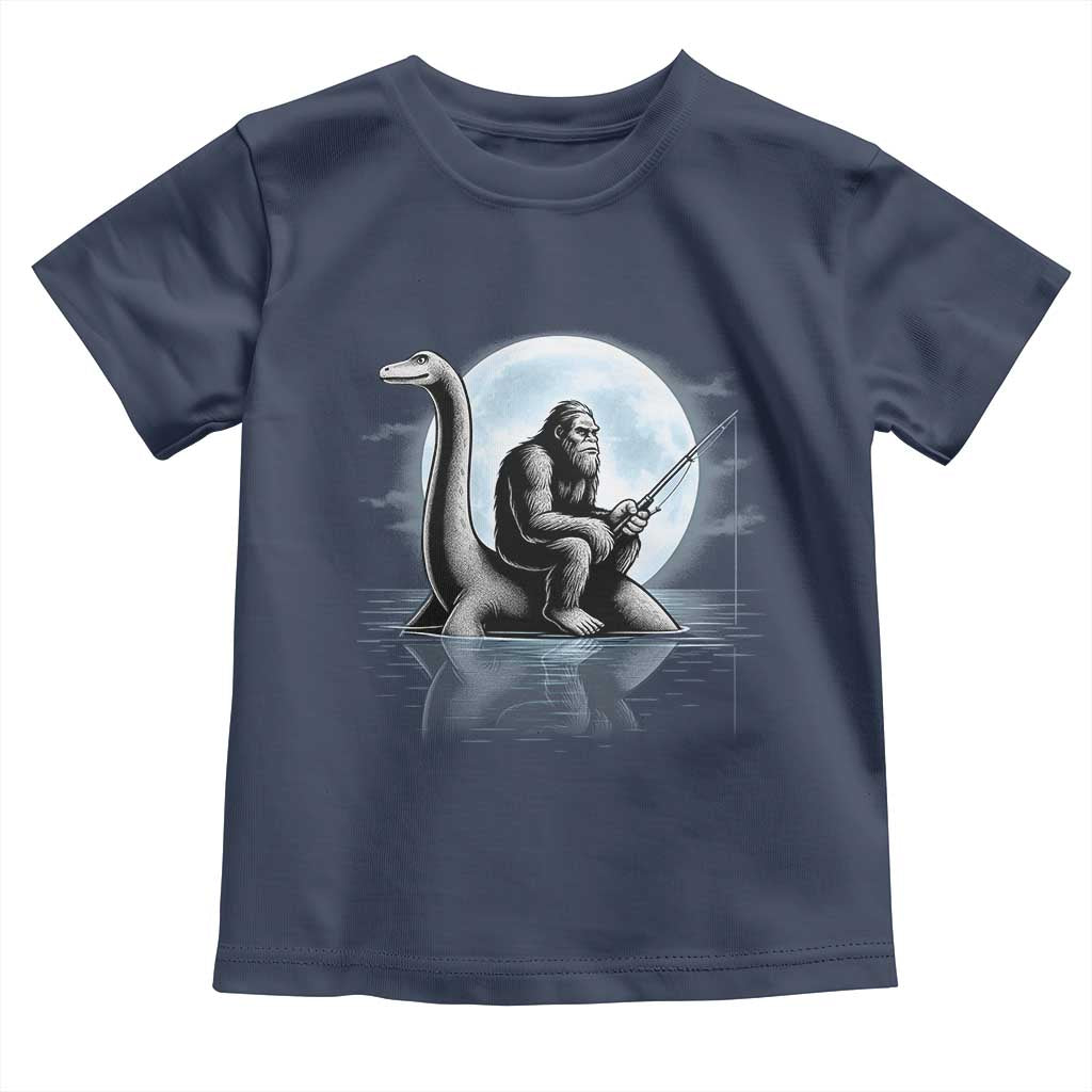 Funny Bigfoot Fishing Toddler T Shirt Sasquatch Riding Nessie Cryptid Moon Night TS14 Navy Print Your Wear