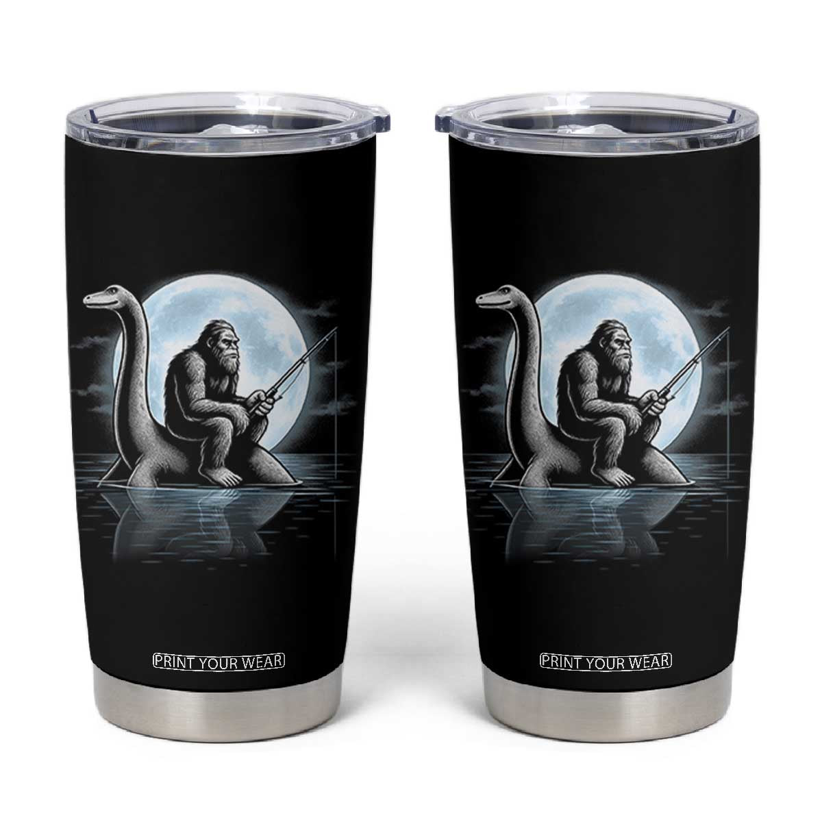 Funny Bigfoot Fishing Tumbler Cup Sasquatch Riding Nessie Cryptid Moon Night TS14 Black Print Your Wear