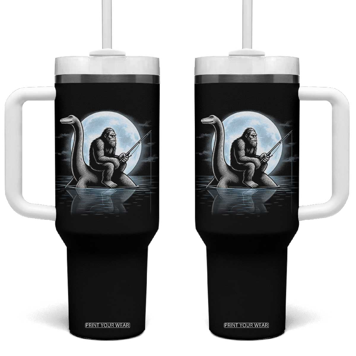 Funny Bigfoot Fishing Tumbler With Handle Sasquatch Riding Nessie Cryptid Moon Night TS14 One Size: 40 oz Black Print Your Wear