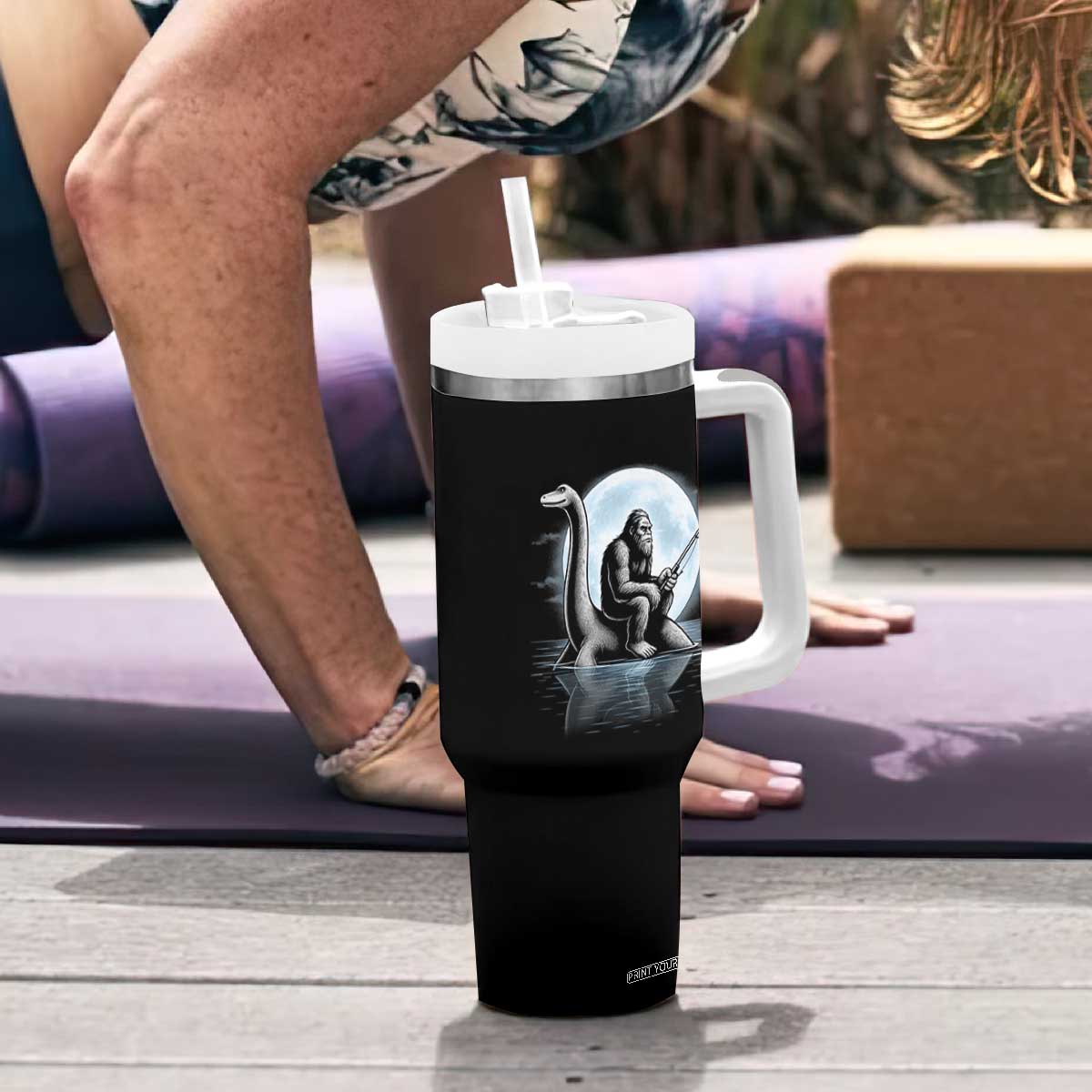 Funny Bigfoot Fishing Tumbler With Handle Sasquatch Riding Nessie Cryptid Moon Night TS14 Print Your Wear