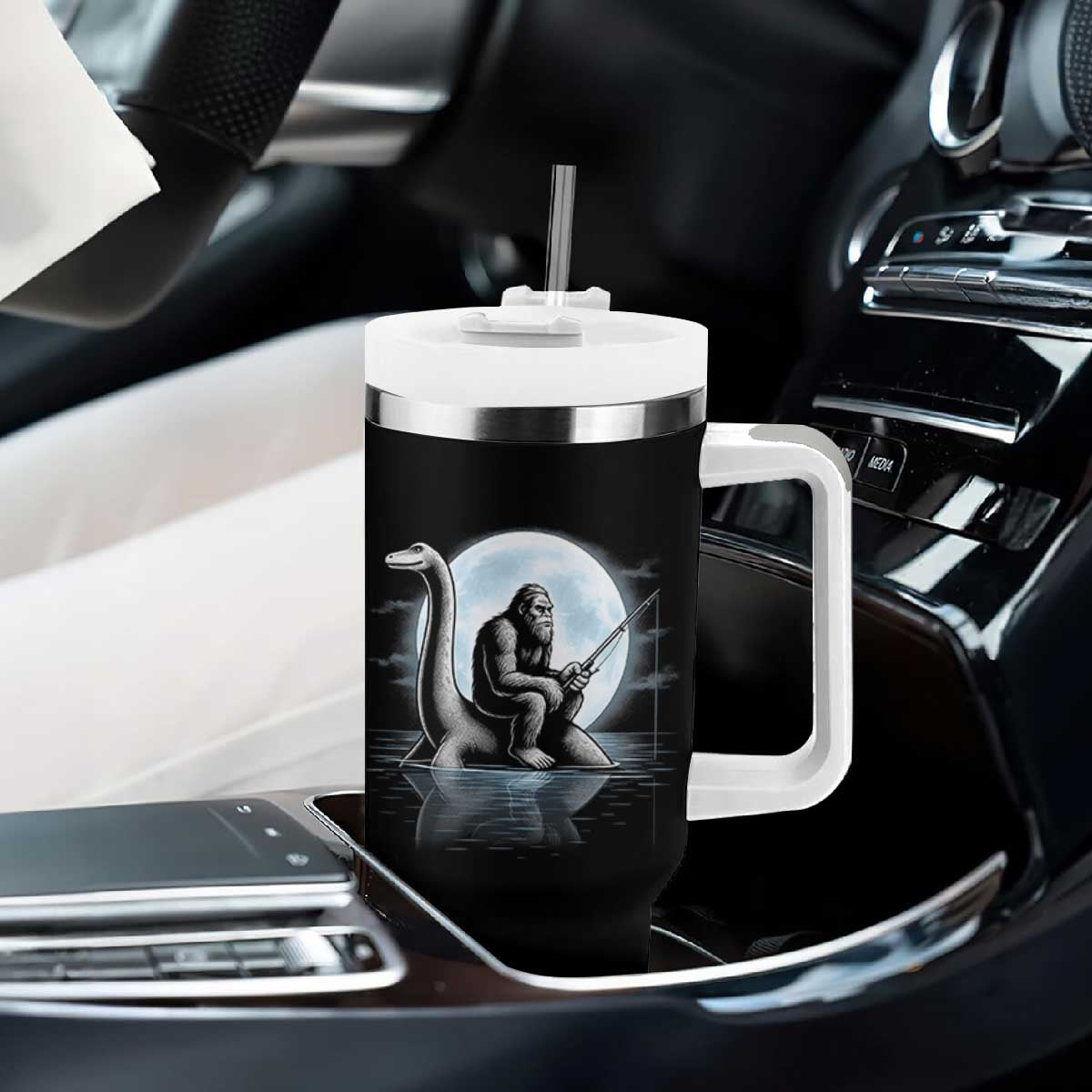Funny Bigfoot Fishing Tumbler With Handle Sasquatch Riding Nessie Cryptid Moon Night TS14 Print Your Wear