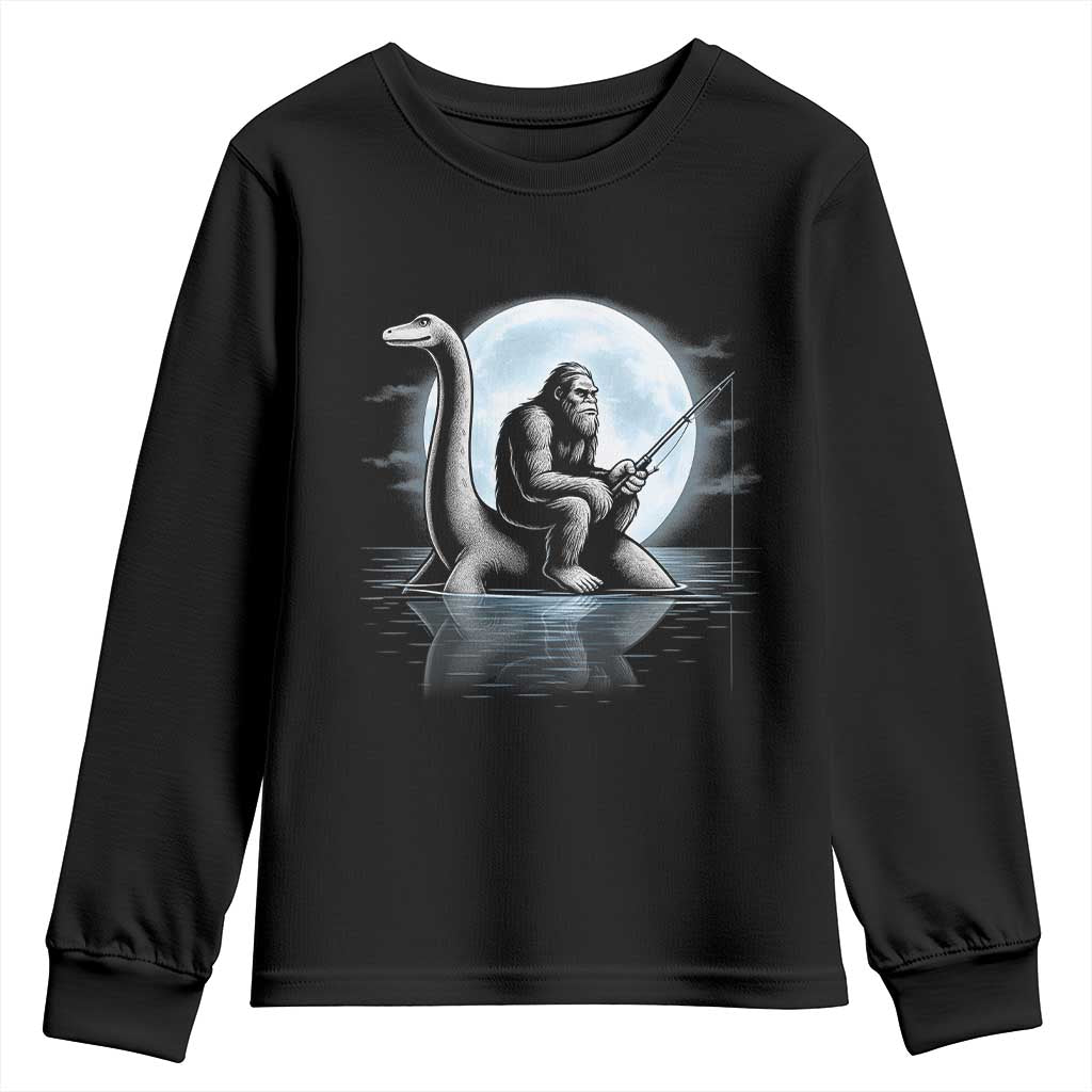 Funny Bigfoot Fishing Youth Sweatshirt Sasquatch Riding Nessie Cryptid Moon Night TS14 Black Print Your Wear