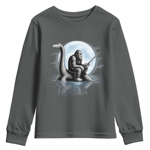 Funny Bigfoot Fishing Youth Sweatshirt Sasquatch Riding Nessie Cryptid Moon Night TS14 Dark Heather Print Your Wear