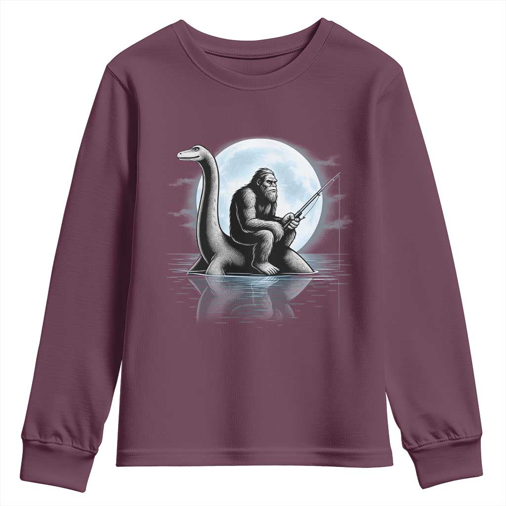 Funny Bigfoot Fishing Youth Sweatshirt Sasquatch Riding Nessie Cryptid Moon Night TS14 Maroon Print Your Wear