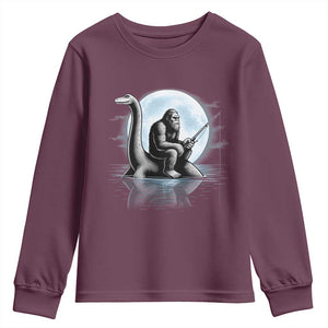 Funny Bigfoot Fishing Youth Sweatshirt Sasquatch Riding Nessie Cryptid Moon Night TS14 Maroon Print Your Wear