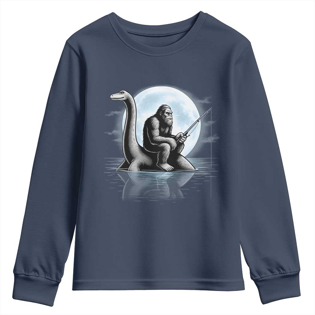 Funny Bigfoot Fishing Youth Sweatshirt Sasquatch Riding Nessie Cryptid Moon Night TS14 Navy Print Your Wear