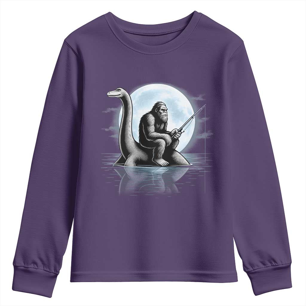 Funny Bigfoot Fishing Youth Sweatshirt Sasquatch Riding Nessie Cryptid Moon Night TS14 Purple Print Your Wear