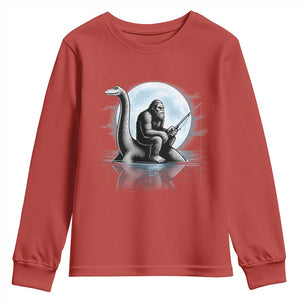 Funny Bigfoot Fishing Youth Sweatshirt Sasquatch Riding Nessie Cryptid Moon Night TS14 Red Print Your Wear