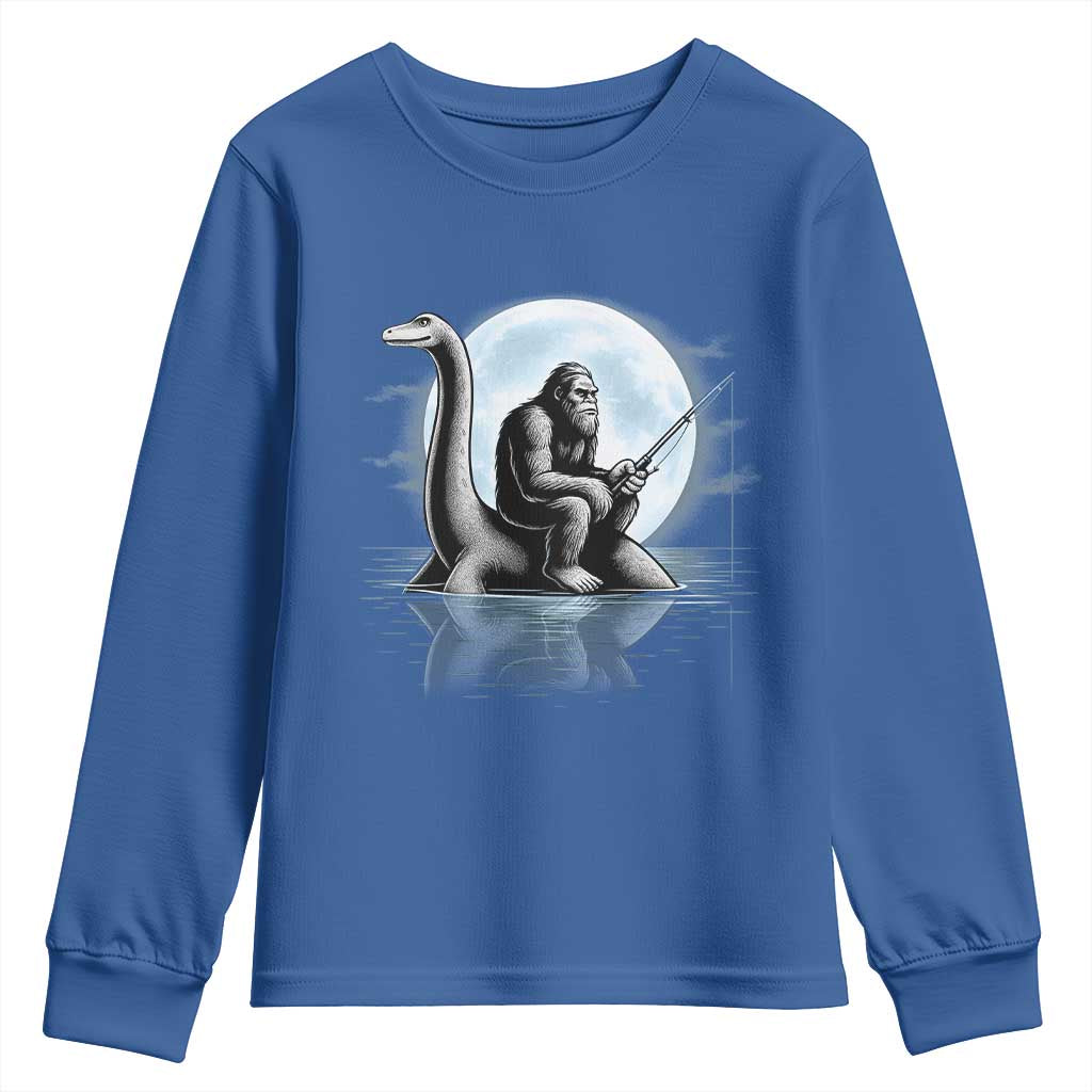 Funny Bigfoot Fishing Youth Sweatshirt Sasquatch Riding Nessie Cryptid Moon Night TS14 Royal Blue Print Your Wear
