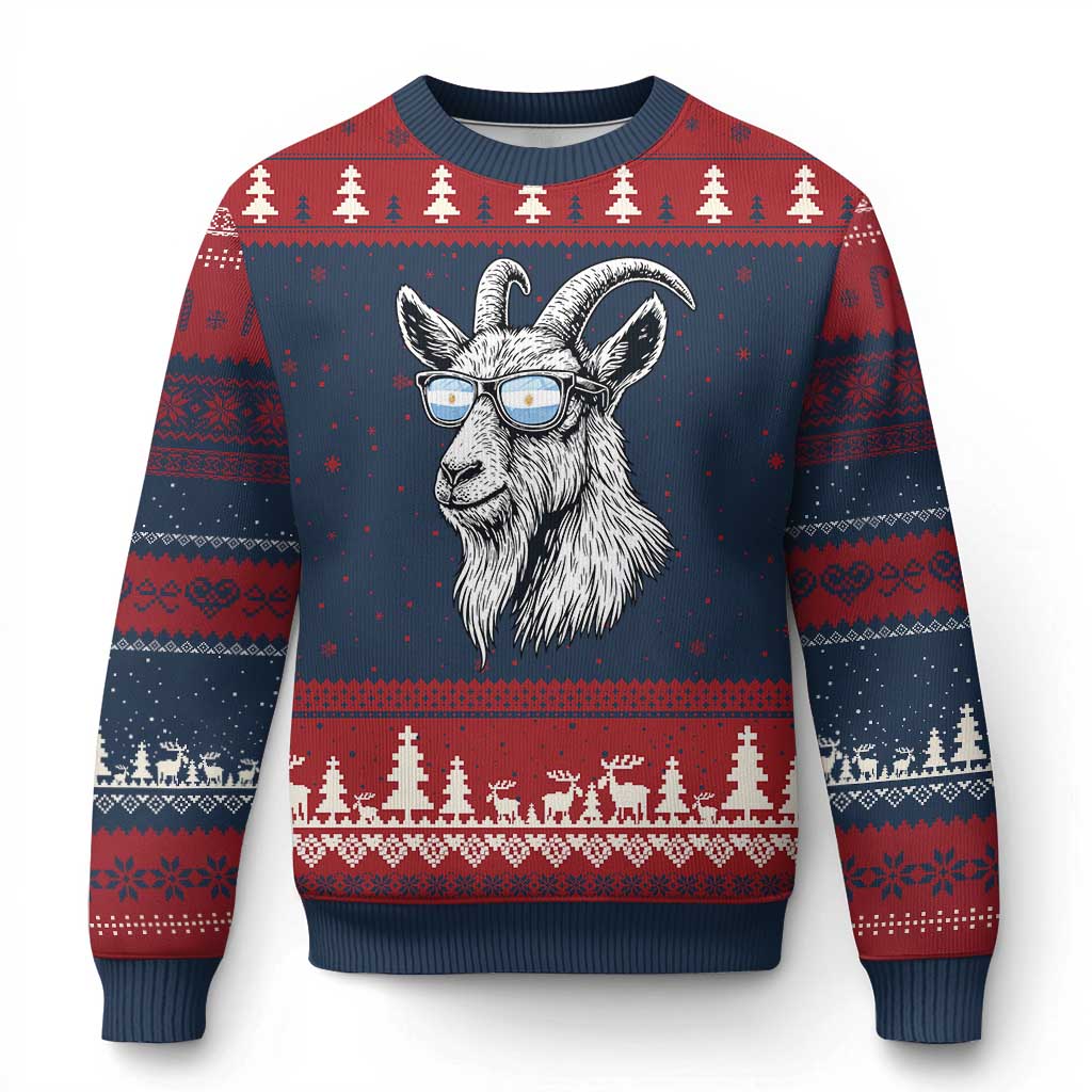 Cool Goat With Sunglasses Argentinian Flag Ugly Christmas Sweater Argentina Soccer Football Game Day Supporter TS14 Navy Red Print Your Wear