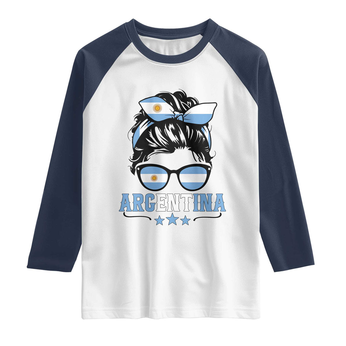 Argentina Messy Bun Proud Argentinian Flag Raglan Shirt TS14 XS White Navy Print Your Wear