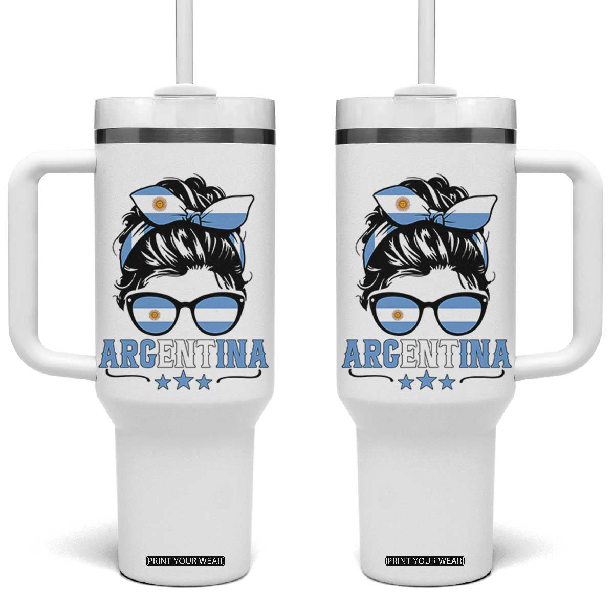 Argentina Messy Bun Proud Argentinian Flag Tumbler With Handle TS14 One Size: 40 oz White Print Your Wear