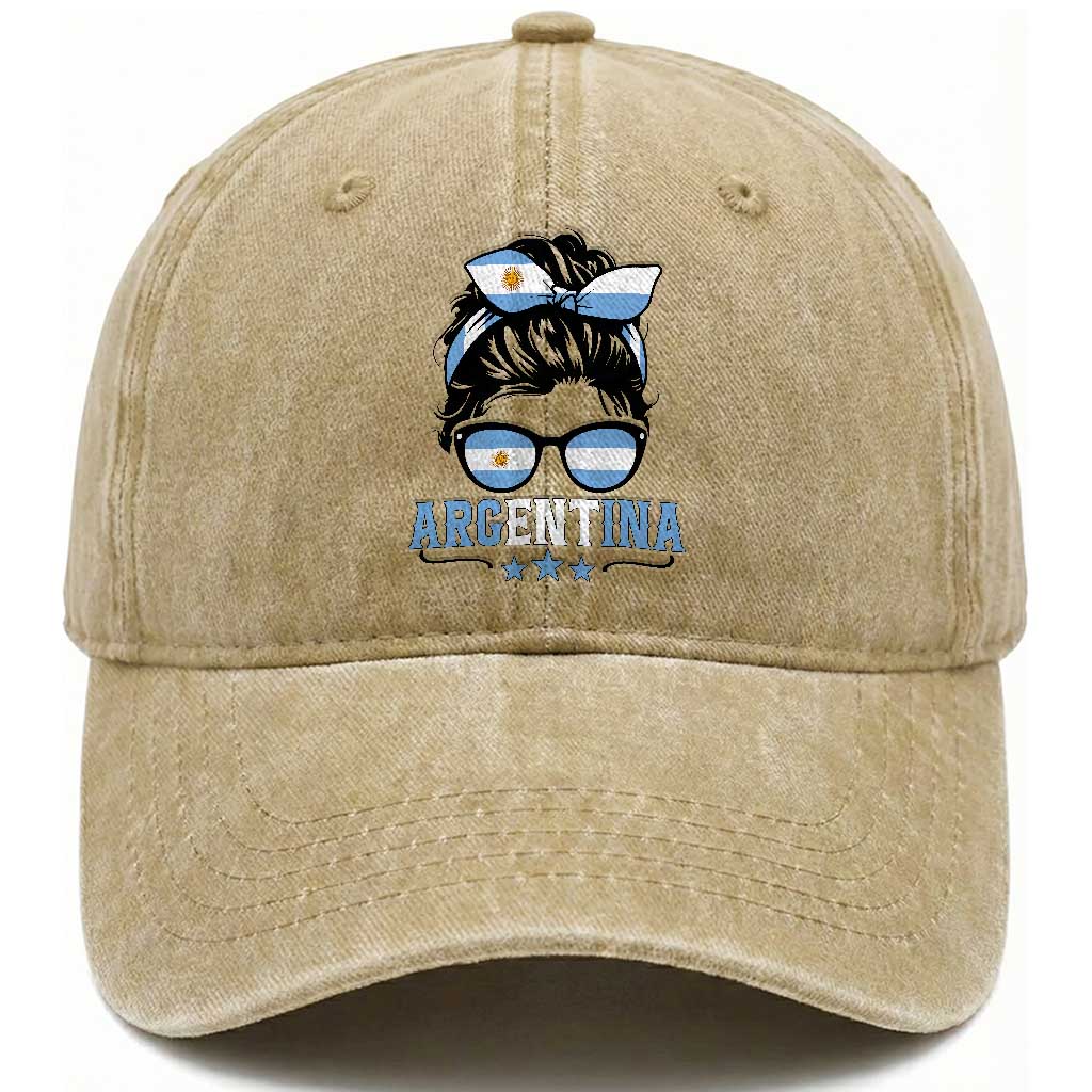 Argentina Messy Bun Proud Argentinian Flag Washed Cotton Baseball Cap TS14 Print Your Wear