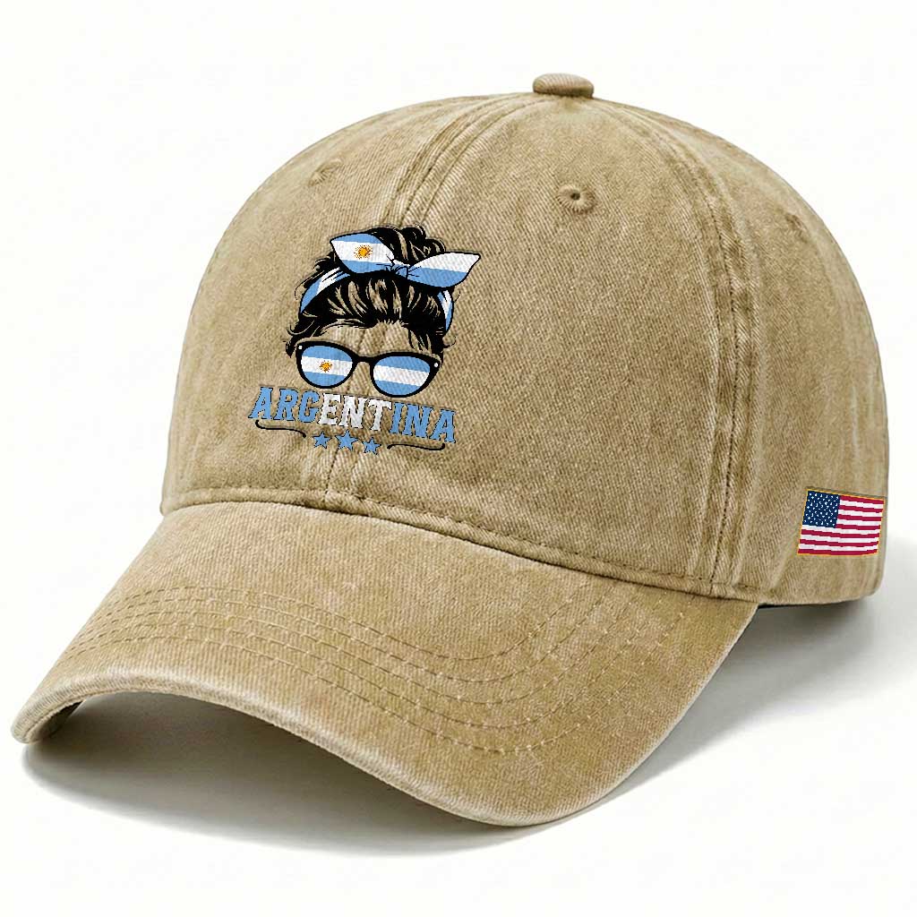 Argentina Messy Bun Proud Argentinian Flag Washed Cotton Baseball Cap TS14 Print Your Wear