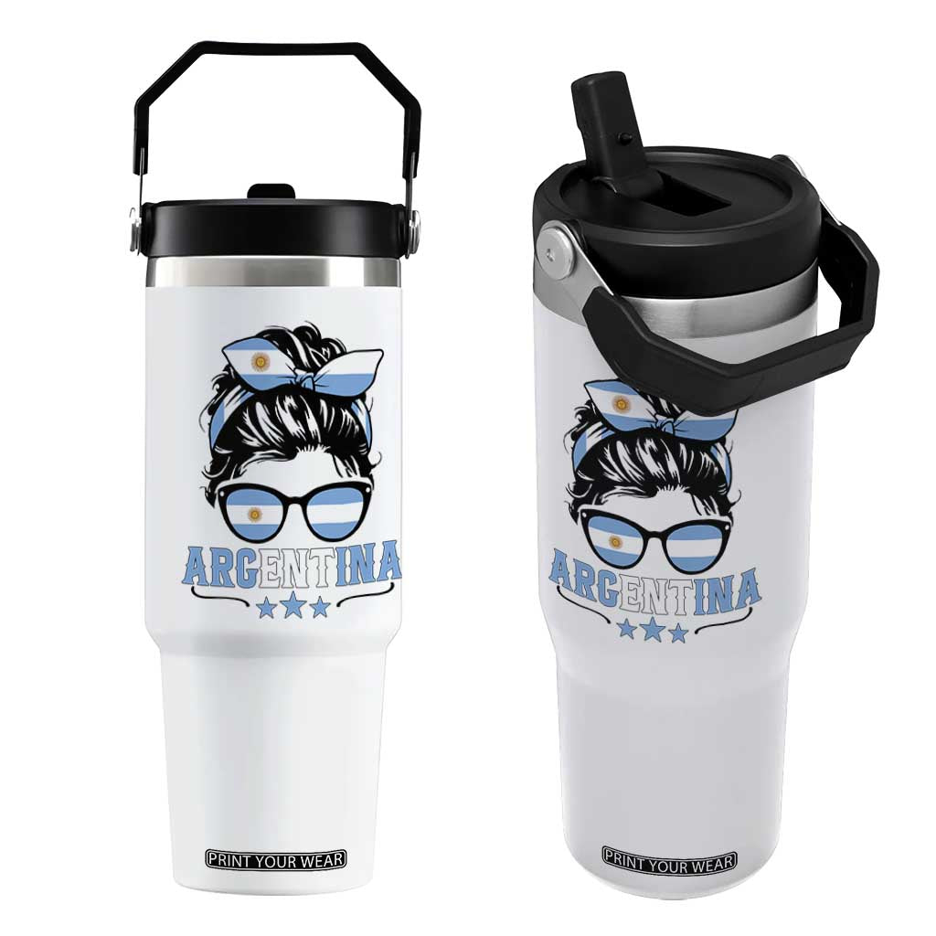 Argentina Messy Bun Proud Argentinian Flag Flip Straw Tumbler TS14 One Size: 30 oz White Print Your Wear