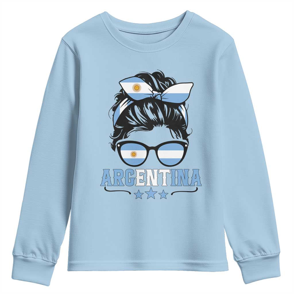 Argentina Messy Bun Proud Argentinian Flag Youth Sweatshirt TS14 Light Blue Print Your Wear