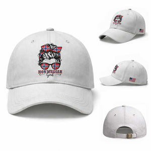 Norway Messy Bun Girl Norwegian Flag Baseball Cap TS14 Baseball Cap Universal Fit White Print Your Wear
