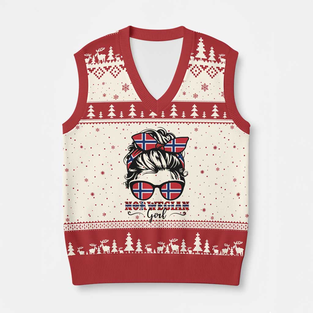 Norway Messy Bun Girl Norwegian Flag V-Neck Knit Sweater Vest TS14 Beige Red Print Your Wear