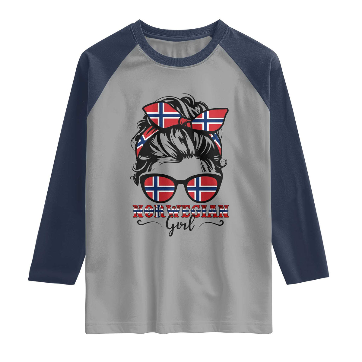 Norway Messy Bun Girl Norwegian Flag Raglan Shirt TS14 Sport Gray Navy Print Your Wear