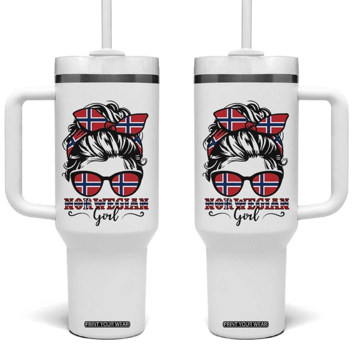 Norway Messy Bun Girl Norwegian Flag Tumbler With Handle TS14 One Size: 40 oz White Print Your Wear