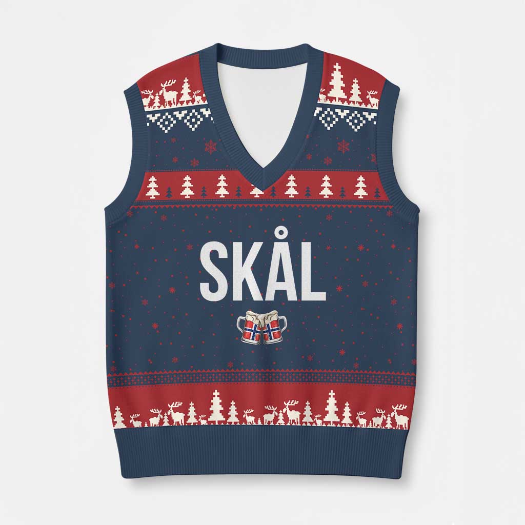 Skål Cheers in Norwegian Norway V-Neck Knit Sweater Vest Funny Drinking Beer Norwegian Scandinavian TS14 Navy Red Print Your Wear