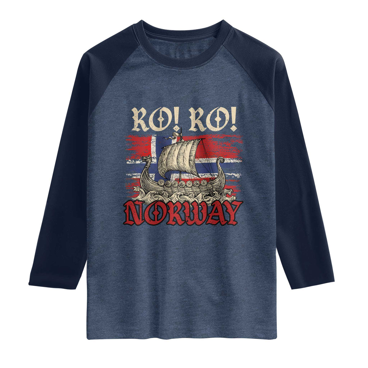 Ro Ro Norwegian Viking Ship Norway Flag Raglan Shirt TS14 Heather Denim Navy Print Your Wear