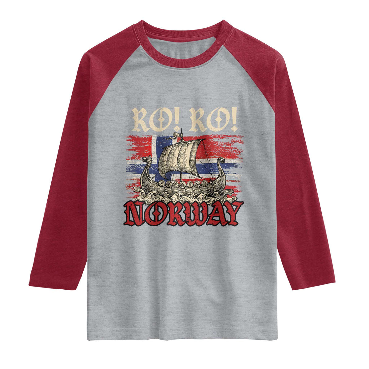 Ro Ro Norwegian Viking Ship Norway Flag Raglan Shirt TS14 Heather Gray Heather Red Print Your Wear