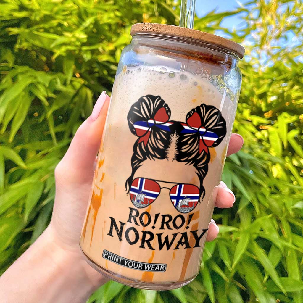 Ro Ro Norwegian Viking Ship Glass Can Norway Flag Messy Bun Girl TS14 White Print Your Wear